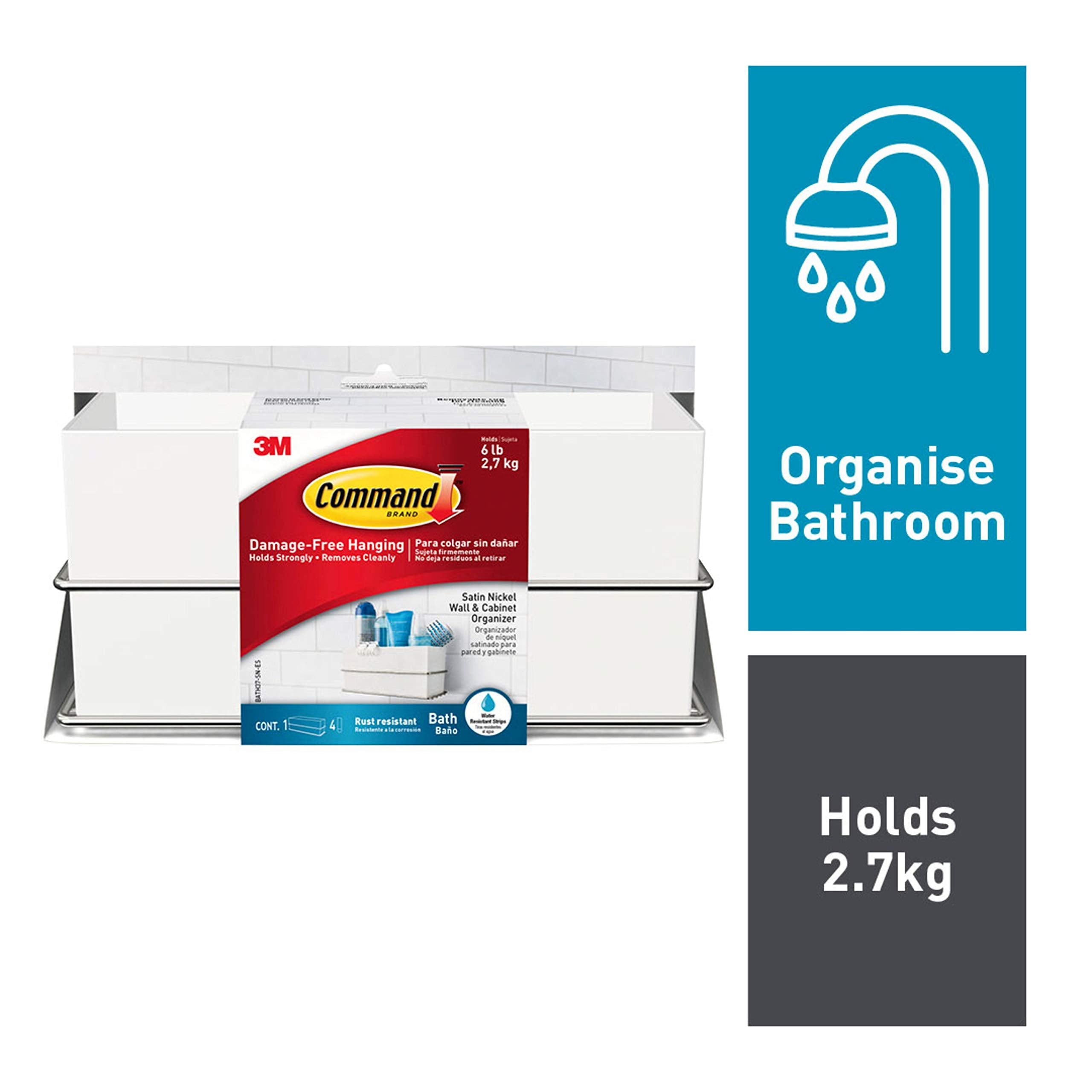Command Wall And Cabinet Organizer, Holds Up To 6 Lb, 9.5'' X 4.4'' X 4.4'', Satin Nickel, 1 Bathroom Organizer With 4 Water Res